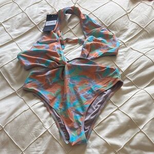 Women’s One-Piece Swimsuit — Multicolor Halter Style